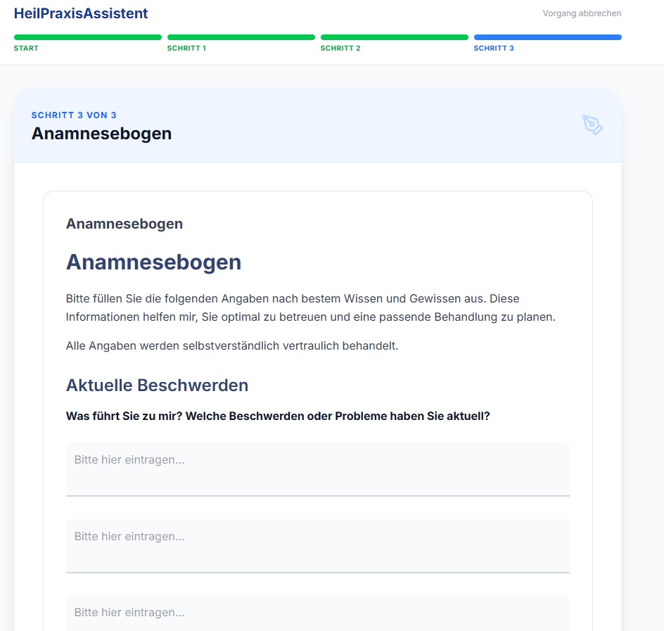 HeilPraxisAssistent Anamnesebogen - digitale Angaben zu aktuellen Beschwerden erfassen