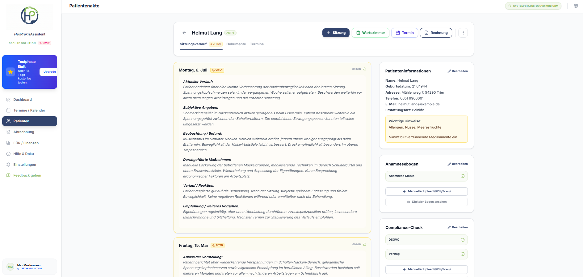 HeilPraxisAssistent Patientenakte - Sitzungsverlauf, Dokumente und Patienteninformationen auf einen Blick